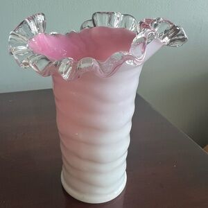 Vintage Fenton Pink and White Ruffled Glass Vase